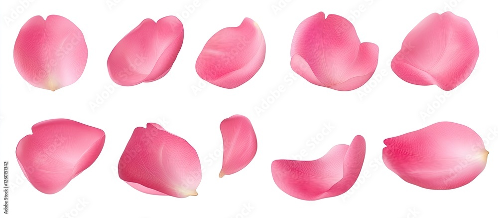 Poster set of ten delicate pink cherry blossom petals isolated on white background displaying various natur