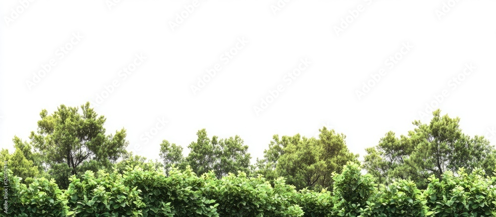 Poster Collection of lush green trees with varied foliage in a dense arrangement at the bottom of the image on a clean white background
