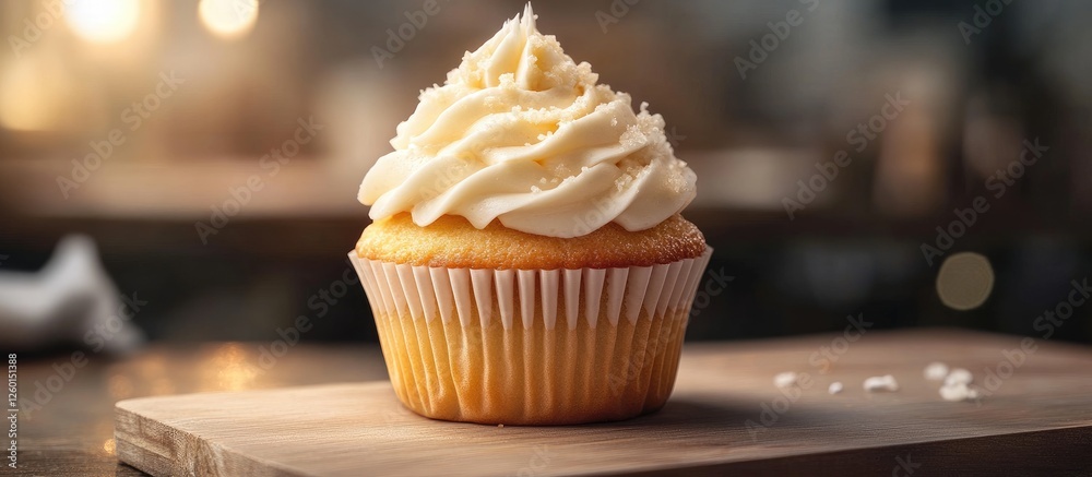 Poster vanilla cupcake topped with creamy white frosting on a wooden board lit by warm ambient light creati