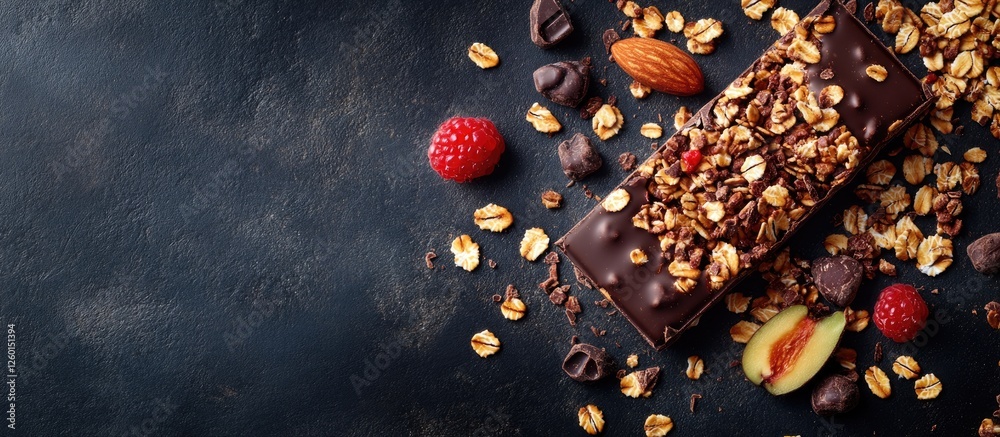 Poster healthy granola bars topped with nuts and berries on a textured dark background with scattered ingre