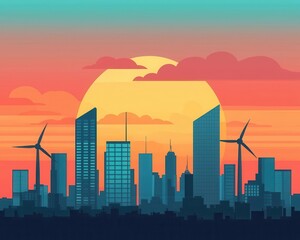 Obraz premium Silhouette of a city skyline at sunset with wind turbines and colorful skies.