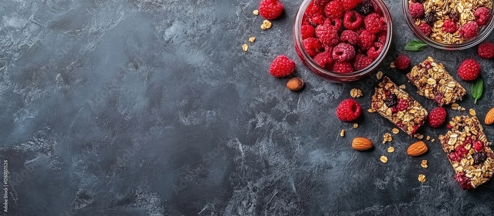 Aufkleber homemade granola with fresh raspberries and nuts in bowls on dark grey stone background with granola