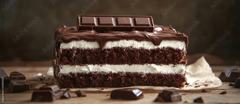 Poster decadent chocolate fudge cake with creamy frosting layers topped with a dark chocolate bar set again