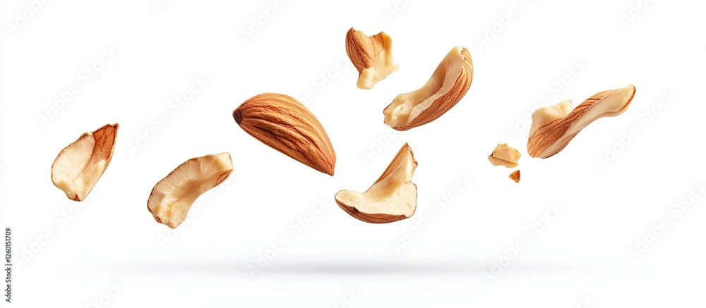 Aufkleber peeled walnut kernels floating on a white background with a soft shadow, showcasing a mixture of lig