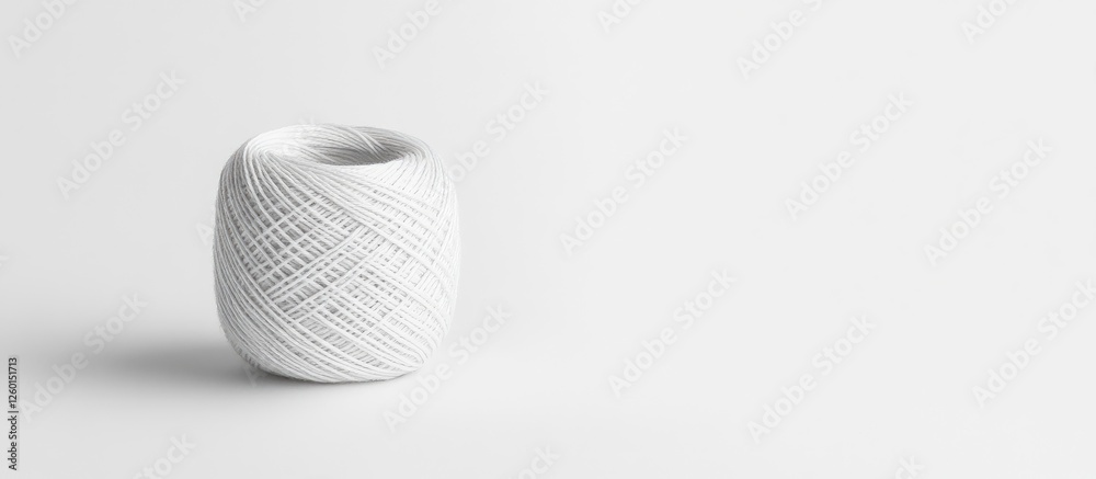Aufkleber White knitting thread positioned on the right against a soft white background emphasizing texture and minimalism, creating an elegant and serene composition.