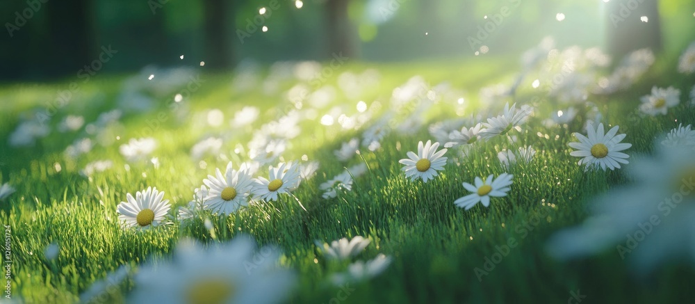 Aufkleber vibrant meadow with lush green grass and blooming white daisies illuminated by soft sunlight creatin