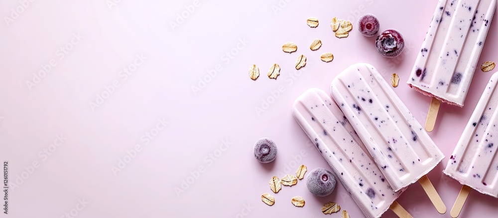 Poster frozen yogurt popsicles with blueberry jam on a pastel pink background with scattered oats and blueb