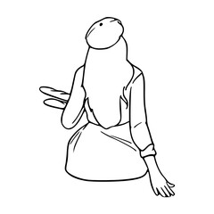 a line art sketch of a girl holding a bread is sitting