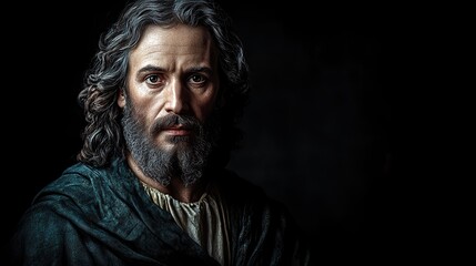 Fototapeta premium jesus christ portrait on black background horizontal banner with copy space
