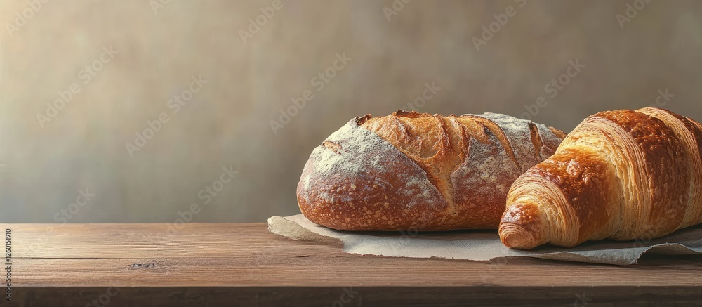 Aufkleber rustic wooden surface with fluffy artisan loaf and buttery croissant resting side by side in warm go