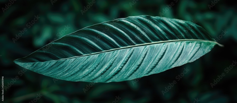 Aufkleber Lush green leaf with intricate vein patterns centered against a dark blurred background highlighting its rich textures and deep emerald tones.
