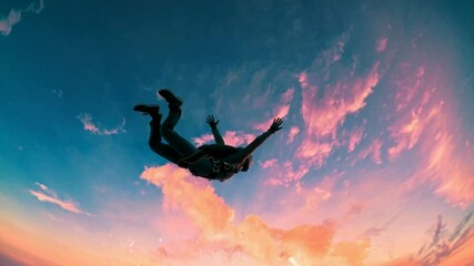 Aerial video captures a skydiver mid-fall against a vibrant sunset. The wide-angle shot emphasizes the vastness of the sky and clouds.
