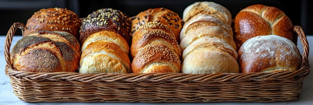 A beautiful assortment of freshly baked bread rolls elegantly displayed in a woven basket, showcasing various textures, colors, and seeds that invite a delightful experience.