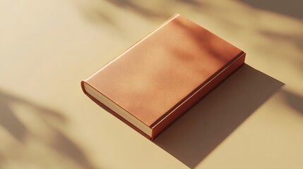 a brown book laying on a tan surface with shadows