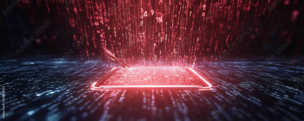 Poster a glowing red square emits digital data streams in a dark, futuristic setting, creating a visually s