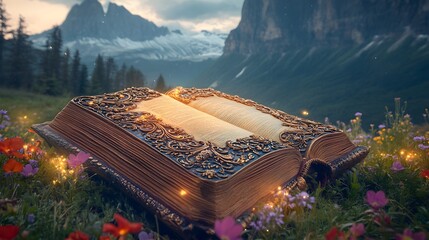 Enchanted open book resting among colorful wildflowers in a field