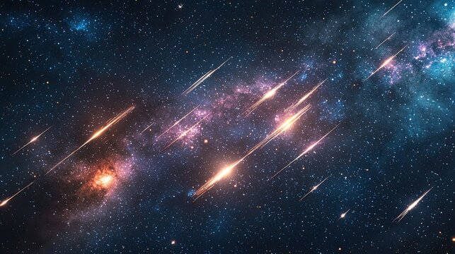 Meteor shower starry night sky. Silhouettes of people watching the cosmic event Milky Way visible in the background. Astronomy enthusiasts observing falling stars in a remote location. Generative AI.