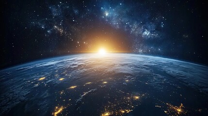 View of Earth from space at night. Illuminated cities and glowing atmosphere with stars in the background. A cosmic perspective showcasing global connectivity and human presence. Generative AI