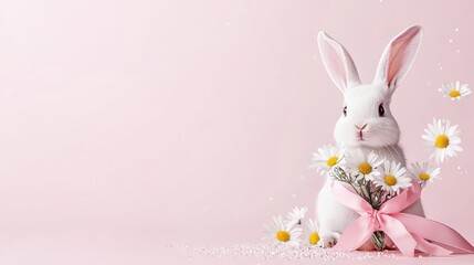 Fototapeta premium Playful rabbit holding daisies soft pink background cute animal photography whimsical close-up adorable concept