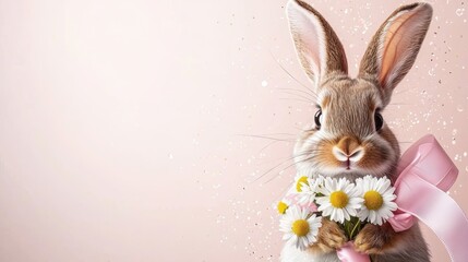 Obraz premium Cute bunny holding daisies springtime setting animal portrait soft background whimsical concept