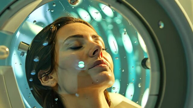 A woman relaxes in a hyperbaric oxygen chamber, surrounded by bright lights, as she undergoes therapy for enhanced healing and wellness benefits.
