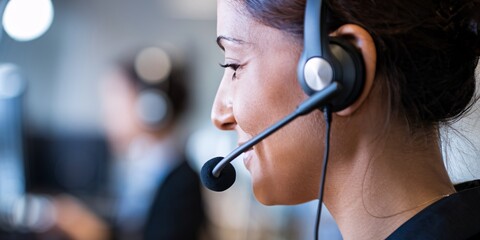 Friendly Customer Service Representative at Work.  A professional customer service representative smiles while assisting clients over the phone, showcasing efficient and friendly communication skills.