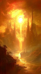 Obraz premium Sunbeam Cityscape Fantasy Art