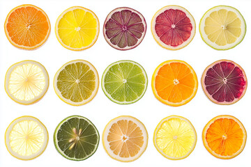 Fototapeta premium Top view varies of mixed fruit isolated on white background, Selective focus various type of citrus fruit on white background.