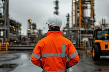 Obraz premium Worker Inspects Industrial Refinery Complex, Assessing Operations and Safety Procedures Carefully Outdoors