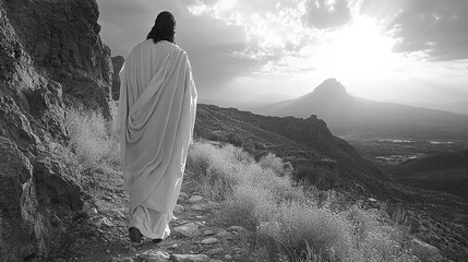 jesus in white robes walking in the desert illustration black and white