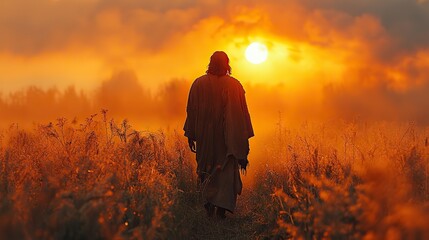 Fototapeta premium jesus man walking in a field at sunrise