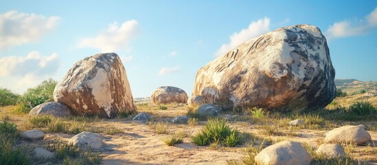 Ancient massive boulders with worn carvings in earthy tones, positioned on grassy terrain under a clear blue sky, showcasing timeless resilience.