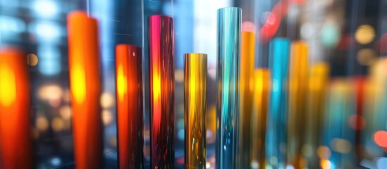 Colorful vertical bars in shades of blue, orange, red, and green lined against a blurred city backdrop depict metrics for churn prediction and actions.