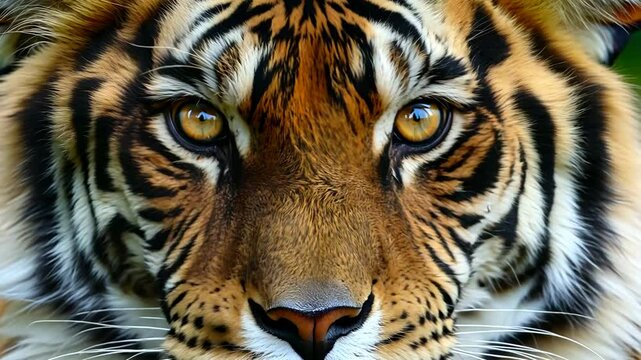Close-up macro portrait of the large eyes of a Bengal tiger looking at the camera. The concept of studying this type of wild animal.

