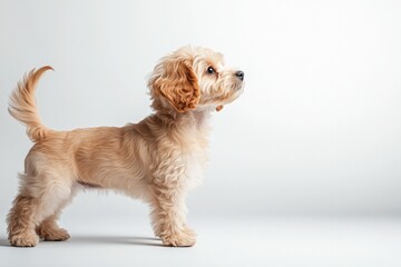 Curious puppy stands elegantly against soft backdrop, showcasing
