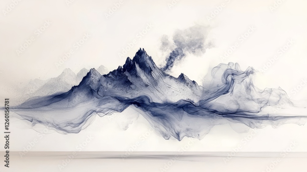 Poster A serene abstract depiction of mountains with swirling clouds in shades of blue and gray, conveying depth and tranquility.