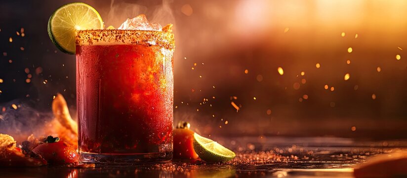Vibrant michelada cocktail in a clear glass with lime and spices, set against a warm bokeh background, showcasing rich red and orange hues.