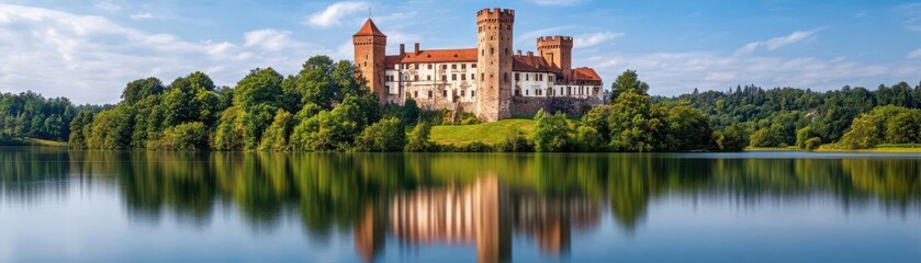 A picturesque castle reflecting in a tranquil lake surrounded by lush greenery.