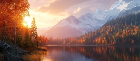 Majestic mountain landscape at sunset with vibrant orange and purple hues reflecting on calm lake surrounded by colorful autumn trees