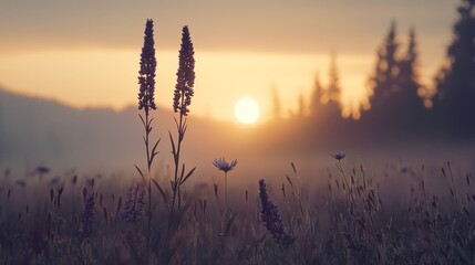 A serene sunrise over a misty field, highlighting tall flowers silhouetted against the soft glow of the sun.