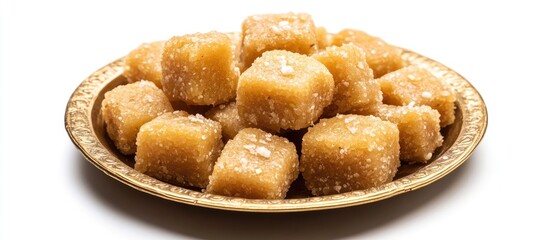 Fototapeta premium Golden square sweets arranged neatly on a decorative silver plate, set against a clean white background, showcasing a traditional delicacy.