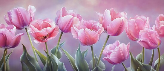 Obraz premium Elegant blooming pink tulips set against a soft light purple backdrop, creating a captivating contrast that accentuates their beauty and vibrancy.