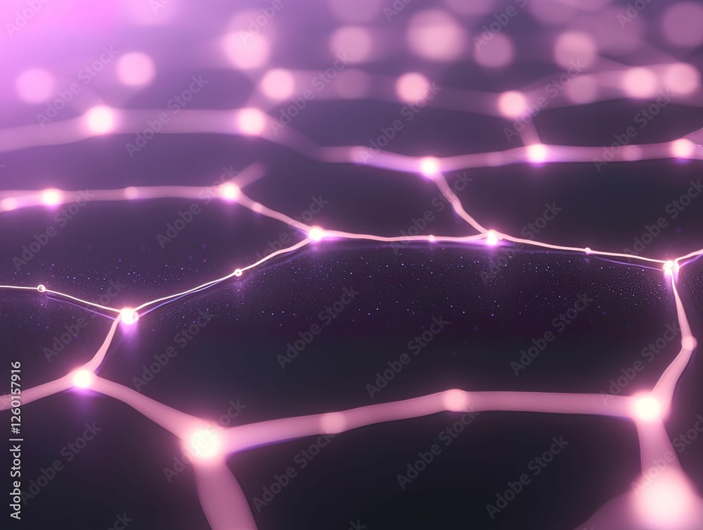 Poster a vibrant, abstract close-up of interconnected hexagonal patterns lit by glowing nodes, creating a f