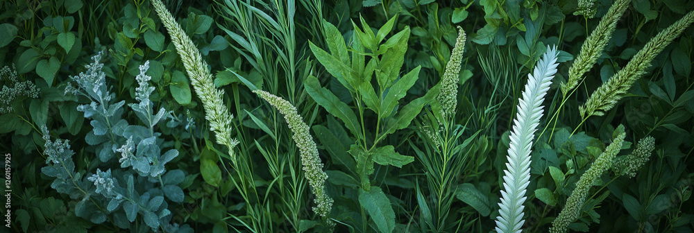Aufkleber mixed green meadow texture showcases diverse grass types and varied patterns from above