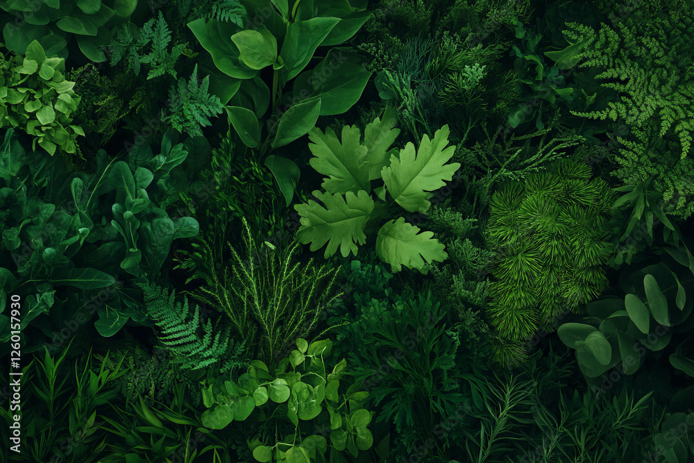 Poster mixed green meadow featuring various grass types and textures on a dark background