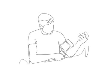 Man preparing to check blood pressure. Taking blood pressure concept one-line drawing