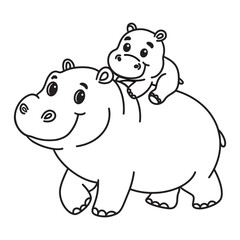 Line art of baby hippo riding on her mother hippo's back cartoon vector