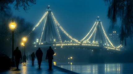 Obraz premium Illuminated bridge, night walk, fog, city