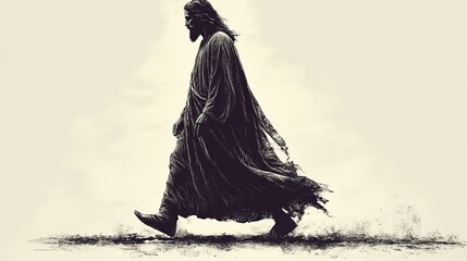 line drawing of jesus walking minimal background flowing robes