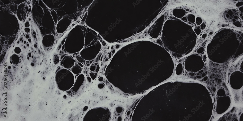 Poster mottled black and white texture featuring dense dots and shadows against a dark background